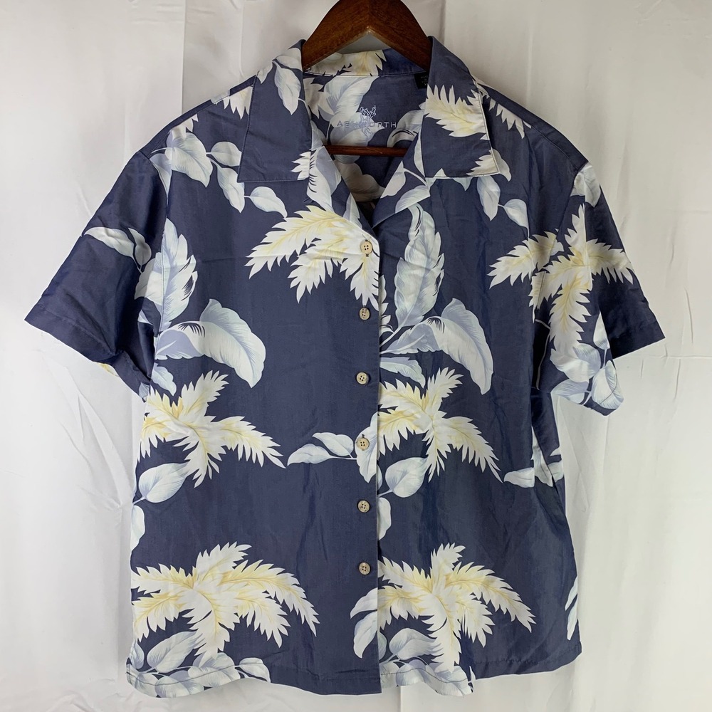 Ashworth Button Down Shirt Women XL Blue Tropical Palm Leaf WM74010 Short Sleeve